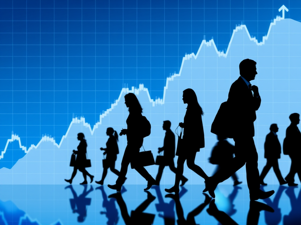 Create a high-resolution silhouette image of people walking along a dynamic graph background with a blue gradient, using a DSLR camera with a 50mm lens, aperture set at f/2.8, ISO 100, and a shallow depth of field to enhance clarity and detail.