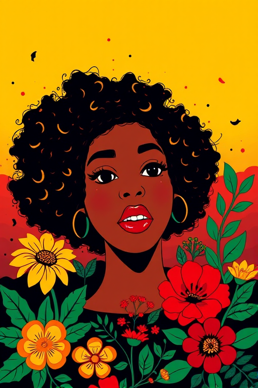 Create a vibrant digital illustration to celebrate Juneteenth Freedom Day featuring bold colors: yellow, red, black, and green, with floral patterns and decorative elements, captured in a high-resolution format using a DSLR camera, 50mm lens, f/2.8 aperture, 1/200s shutter speed, and vibrant color settings.