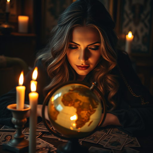 A mystical fortune teller with an ornate globe surrounded by tarot cards, warm candlelight illuminating her face, deep focus, f/1.8 aperture, ISO 100, 50mm lens, soft dramatic lighting, shot in a cozy setting with intricate details.