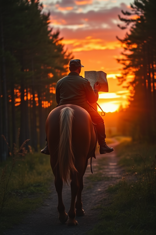 A soldier on horseback holding a map, riding along a forest path at sunset, vibrant colors in the sky, low angle view, depth of field, capture with a DSLR camera, 50mm lens, f/1.8 aperture, ISO 100, 1/250 sec shutter speed.