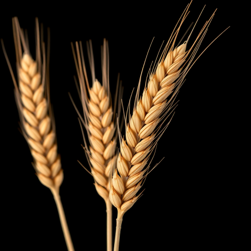 Generate a high-resolution image of three golden wheat ears with a black background, using a DSLR camera at f/2.8 aperture, ISO 100, 50mm lens, shooting in macro style to capture fine details.