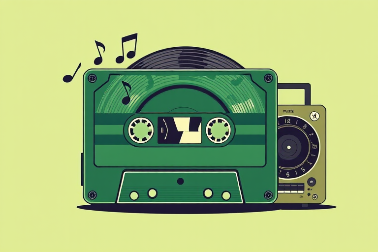 Create a high-resolution retro-style illustration of a green cassette tape with musical notes, a vinyl record, and a radio depicted on it, using a DSLR camera with a 50mm lens, aperture f/2.8, ISO 100, natural light, and a shallow depth of field to enhance image quality.