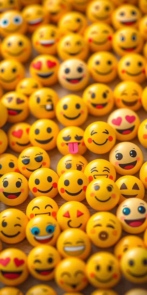Create a vibrant, high-resolution image of various emoticons arranged in a grid format, with a shallow depth of field for a soft background, using a DSLR camera at f/2.8, 1/100 sec shutter speed, ISO 100, lit with soft diffused lighting for clarity and color richness.