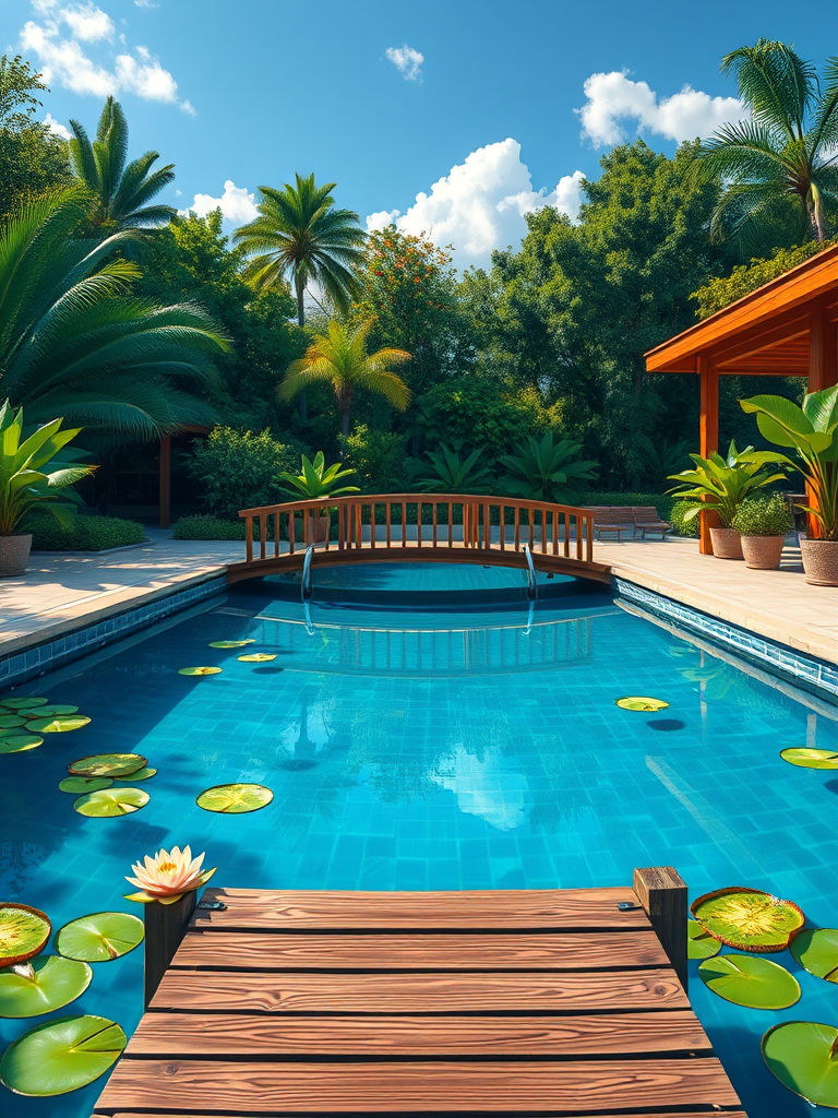 Create a high-resolution digital illustration of a serene swimming pool with a wooden bridge and lily pads, captured with a DSLR camera at f/8 aperture, ISO 100, with a wide-angle lens, using a vibrant color palette and high contrast lighting to enhance details.