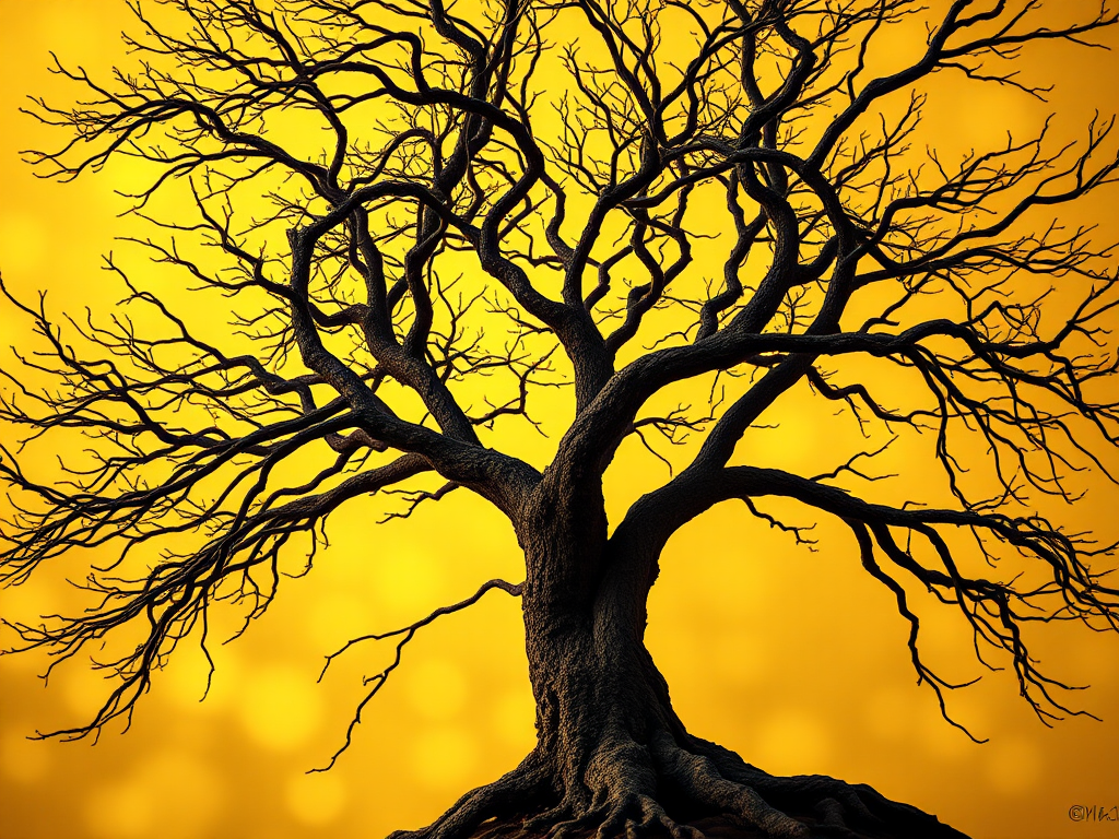 Create an artistic representation of a heart-shaped tree with intricate branches and a golden background, using a DSLR camera, aperture f/8, ISO 100, 50mm lens, in macro view with soft lighting to enhance the details and texture.