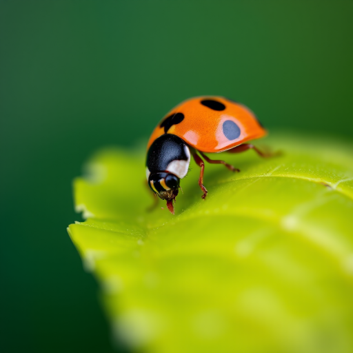 Macro shot of a ladybug on a green leaf, shallow depth of field, soft focus background, ISO 200, f/2.8 aperture, 100mm macro lens, natural light, DSLR camera.