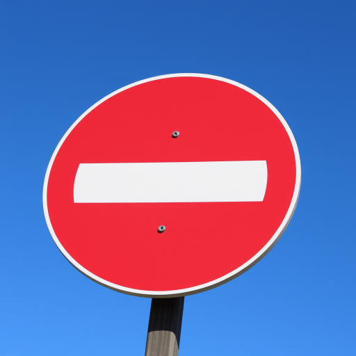 Create a high-resolution image of a circular "No Entry" road sign against a clear blue sky, using a DSLR camera with a 50mm lens, aperture set to f/8, ISO 100, and shutter speed of 1/200 sec, focusing on vibrant colors and sharp details.