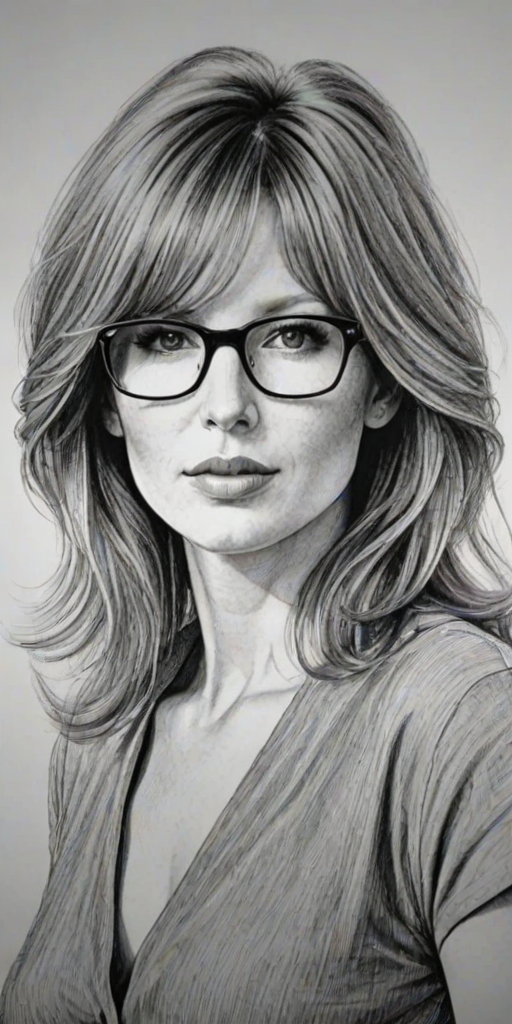 Captivating Kelly Reilly, pencil sketch, portrait of Fascinating woman 1973s in glasses, hair style beatnik, outline, clear lines, fine lines, 8k