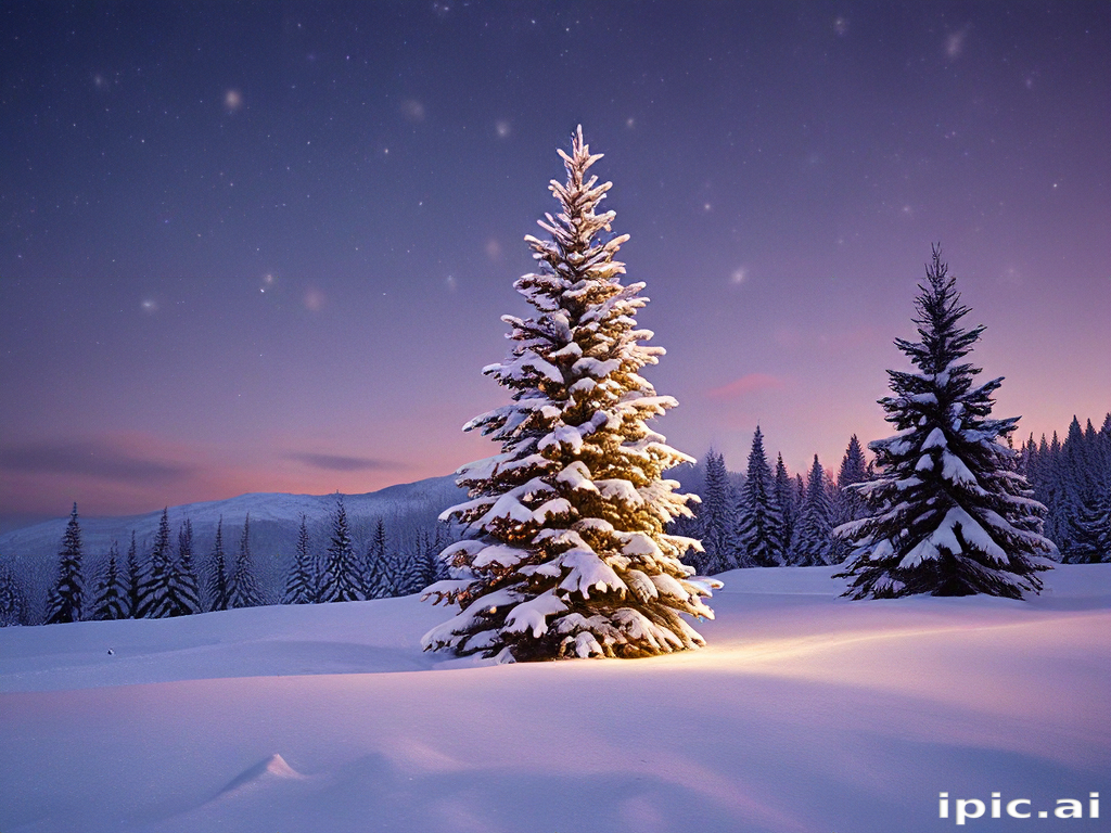 Majestic Snow-Covered Pine Tree Illuminated Under a Starry Winter Sky
