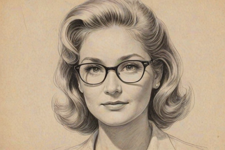 Sublime Dee Wallace, pencil sketch, portrait of Enchanting woman 1946s in glasses, hair style beatnik, outline, clear lines, fine lines, 8k