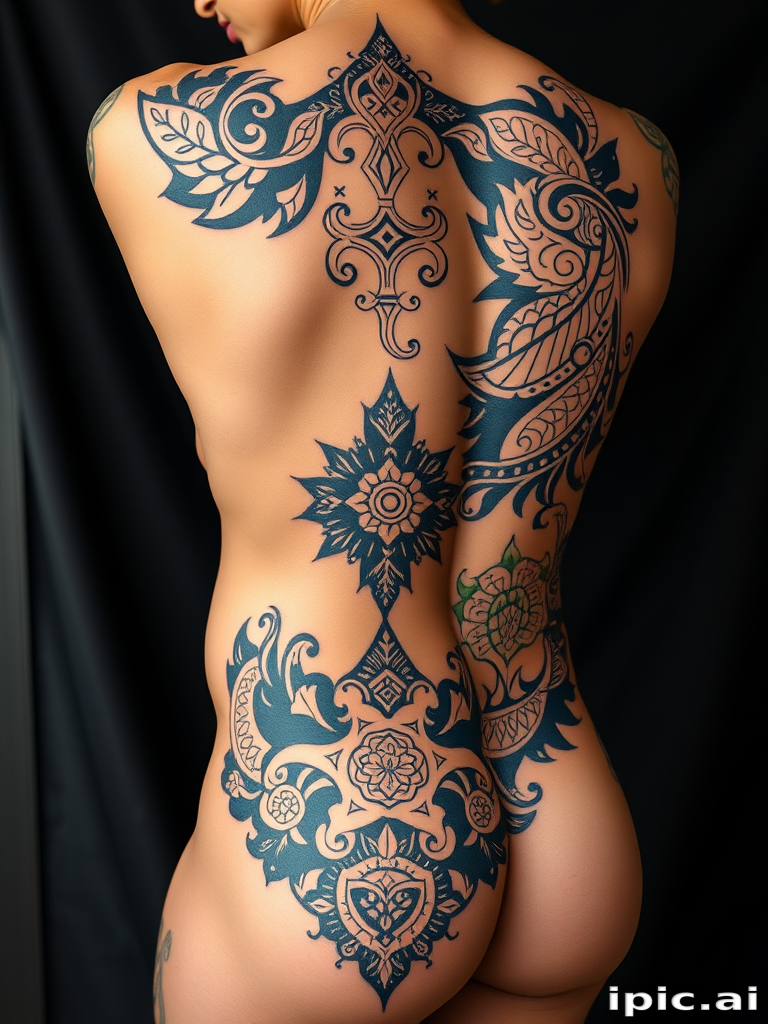 Ornamental blackwork tattoo inspired by Polynesian tribal designs, featuring intricate patterns and symbols that flow with the body's natural contours, emphasizing cultural heritage