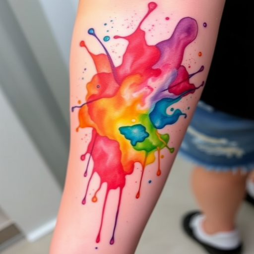 Vibrant watercolor tattoo called "Spectrum Splash" featuring a cascading rainbow of fluid colors blending seamlessly, creating an abstract yet harmonious design that flows organically across the skin