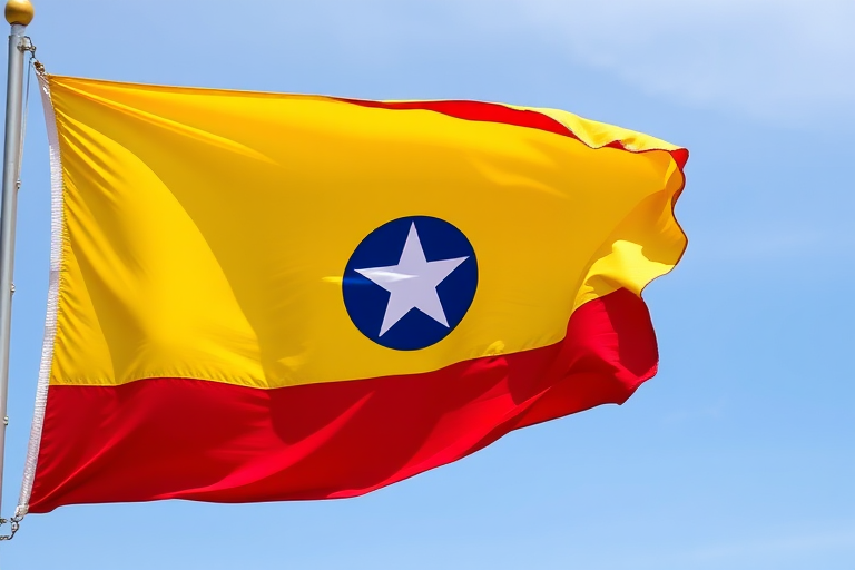 Create a high-resolution image of the Colombian flag featuring horizontal stripes of yellow, blue, and red with a central circle containing a white star, shot with a DSLR camera set to f/8, ISO 100, and a focal length of 50mm, in a clear outdoor setting for vibrant colors and sharp details.