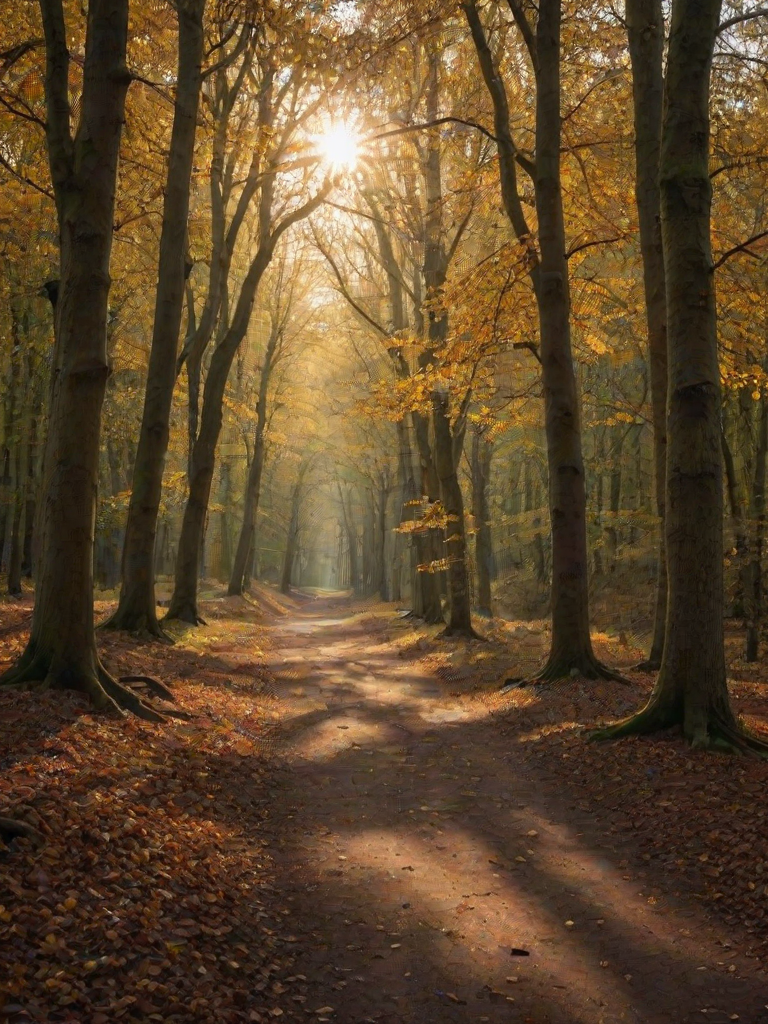 photograph, a path in the woods with leaves and the sun shining , by Julian Allen, dramatic autumn landscape, ears, park, take off, peace, rich cold moody colours, hi resolution, oaks