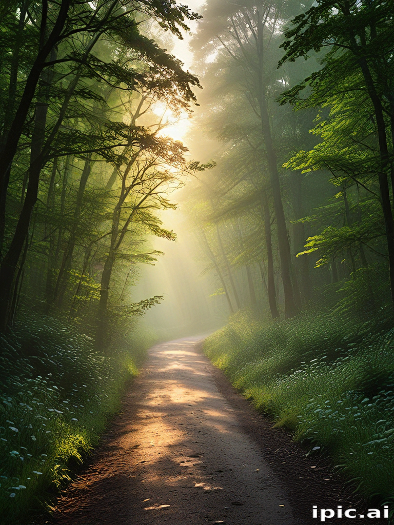 Serene Morning Light Filtering Through Lush Trees Along a Quiet Path