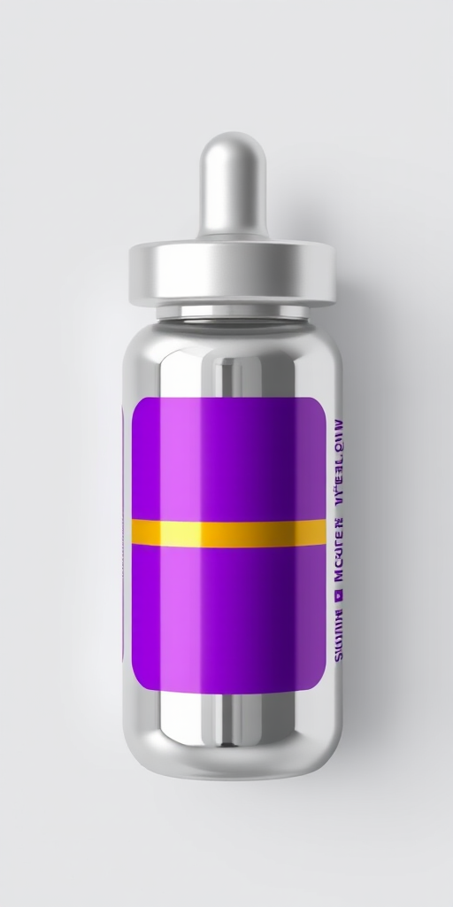 A high-resolution digital illustration of a shiny silver medicine bottle with a purple label and a gold stripe, captured with a Canon EOS R5, 50mm lens at f/1.8, soft natural lighting, and a slight top-down view.