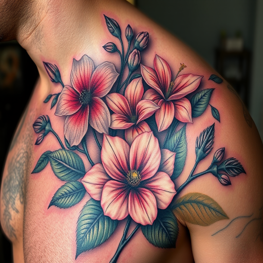 Realistic 3D tattoo titled "Living Canvas" depicting hyperrealistic flora and fauna that appear to emerge from the skin, with lifelike textures and shading that create an illusion of depth, incorporating elements of trompe l'oeil art techniques