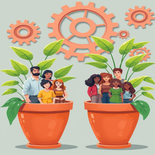 Create a vibrant and detailed illustration of two groups of diverse people, each standing together within large, stylized plant pots featuring green leaves and mechanical gears in the background, shot in high resolution with a Canon EOS R5, using a 50mm lens, at f/1.8 aperture, with soft natural lighting to enhance depth and clarity.