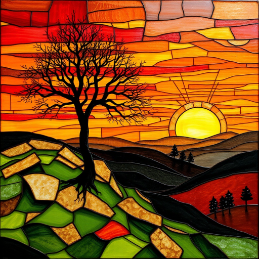 A vibrant abstract painting on Tiffany Glass, blending acrylic and alcohol ink techniques, captures a dramatic sunset over rolling hills. The artwork features a textured, rocky foreground in green and brown, layered abstract hills, and a striking sunset in rich oranges, yellows, and reds. A solitary black tree with intricate branches contrasts against the fiery sky, creating a dynamic and expressive portrayal of a breathtaking natural scene.