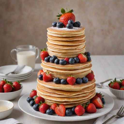 Create an image of a three-tiered cake made of pancakes. Each layer should be stacked high and decorated with fresh strawberries and blueberries on top. The cake should be placed on a simple round cake stand, with a soft, elegant background that suggests a celebration atmosphere.