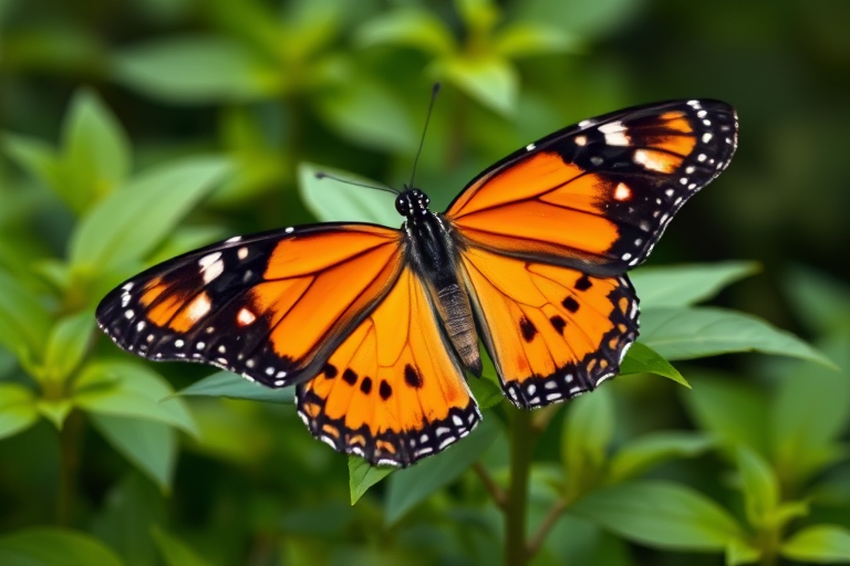 Create an image of a butterfly perched on a green leaf. The butterfly should have vibrant orange and black wings with white spots, showcasing intricate details and patterns. Surround the butterfly with lush green foliage to enhance its natural habitat. The background should be softly blurred to emphasize the butterfly in the foreground.