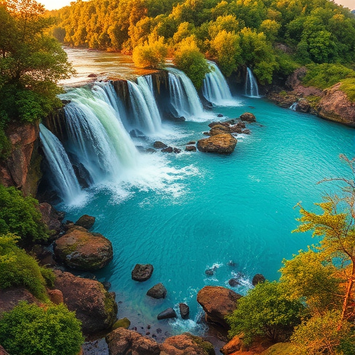 capture a vibrant landscape of cascading waterfalls into a crystal-clear turquoise river surrounded by lush green foliage during golden hour, with a wide-angle lens, f/8 aperture, ISO 100, 1/2 second exposure for silky water effect, from a high vantage point using a DSLR camera