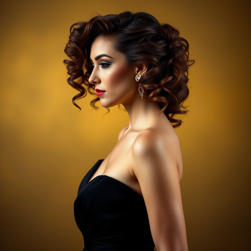 Capture a stunning portrait of a woman in profile with elegant curls and a dramatic black gown against a golden background, using a Canon EOS R5, 85mm lens, f/1.4 aperture, natural soft lighting, and a slight vignette effect for richness.