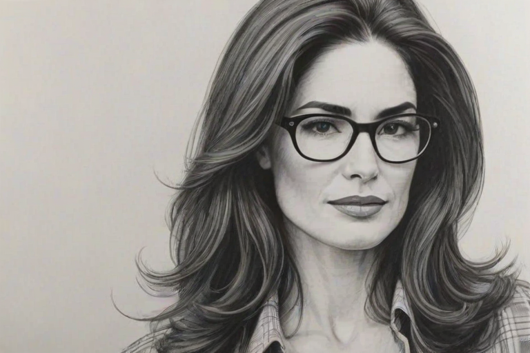 Ravishing Kim Delaney, pencil sketch, portrait of Comely woman 1975s in glasses, hair style beatnik, outline, clear lines, fine lines, 8k