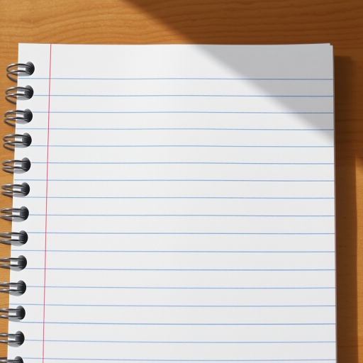 generate an image of a blank lined notebook page with a spiral binding, shot with a DSLR camera at f/8, ISO 100, 50mm lens in a well-lit environment, high-resolution, top-down view