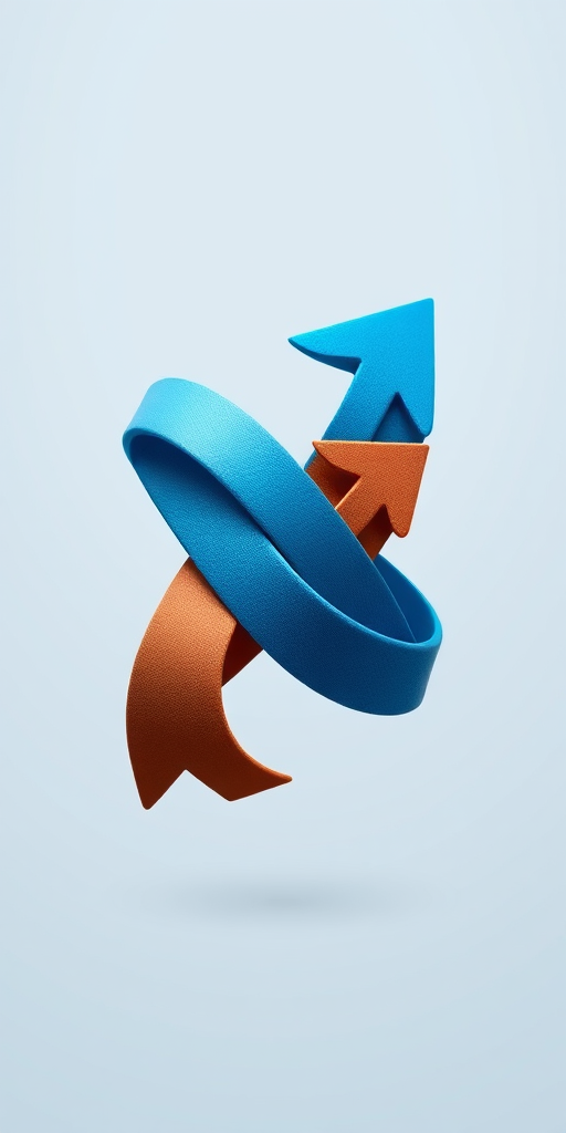 Create a high-resolution vector image of a three-dimensional ribbon-like design featuring blue and brown arrows interwoven, with a soft gradient, shot with a Canon EOS R5 at f/4, ISO 100, 50mm lens, using a soft focus background to emphasize clarity and depth.