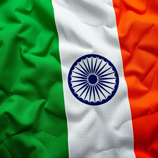 Create a high-resolution image of the Indian flag with intricate details, using a DSLR camera set to f/8 aperture, 1/125 sec shutter speed, ISO 100, with a focus on fabric texture, taken from a slightly elevated angle for depth.
