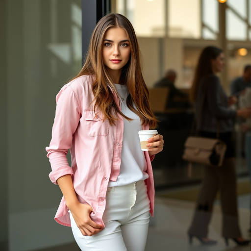 A young woman with long brown hair stands with her back against a glass door, wearing a pink button-down shirt over a white T-shirt and white pants, holding a cup of coffee in her right hand. The woman is looking directly at the viewer, her expression is neutral. Her right hand is tucked into the pocket of her pants while her left hand holds the coffee cup. The lighting is soft and natural, highlighting her features. The background is blurred, with the focus on the woman. The photo is taken from a slightly elevated perspective, showcasing the woman's full figure.
