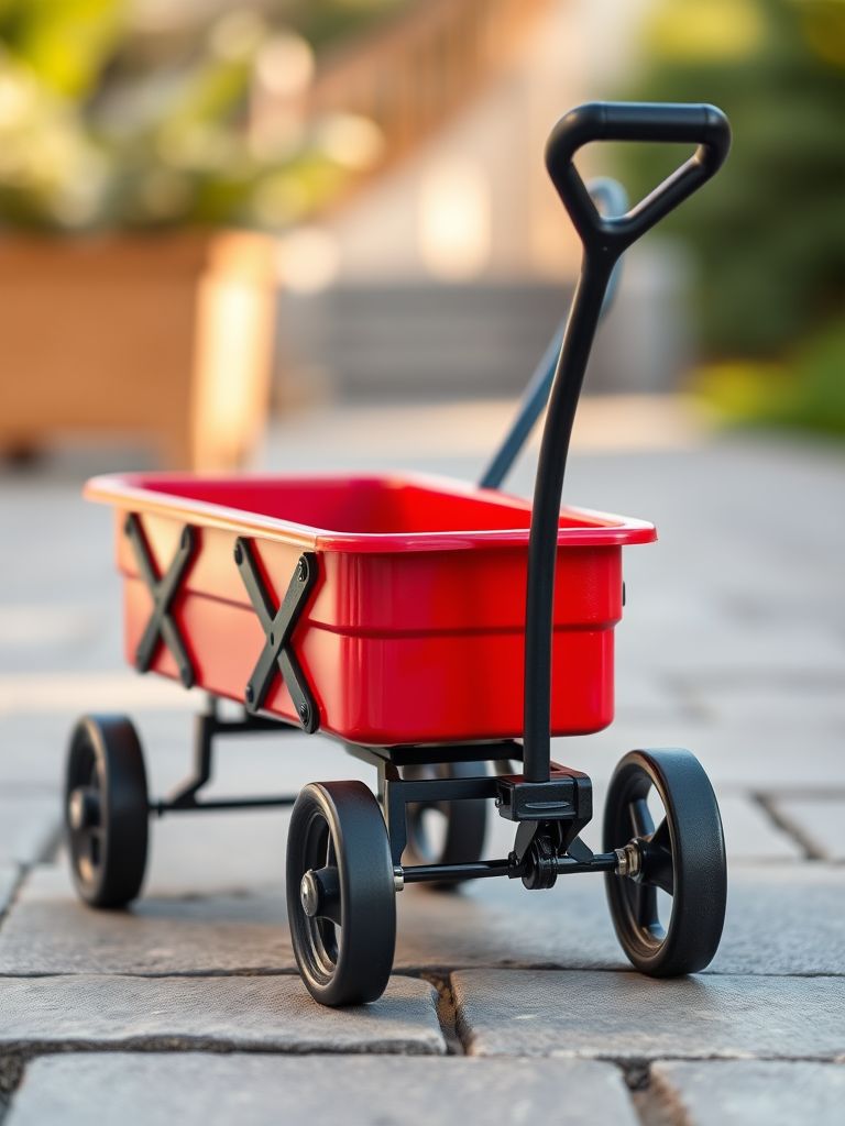 A detailed 3D rendering of a bright red wagon with black wheels and handle, captured from a low angle, using a DSLR camera with a 50mm lens, aperture set to f/2.8 for shallow depth of field, and a soft focus background for enhanced clarity and vibrant colors.