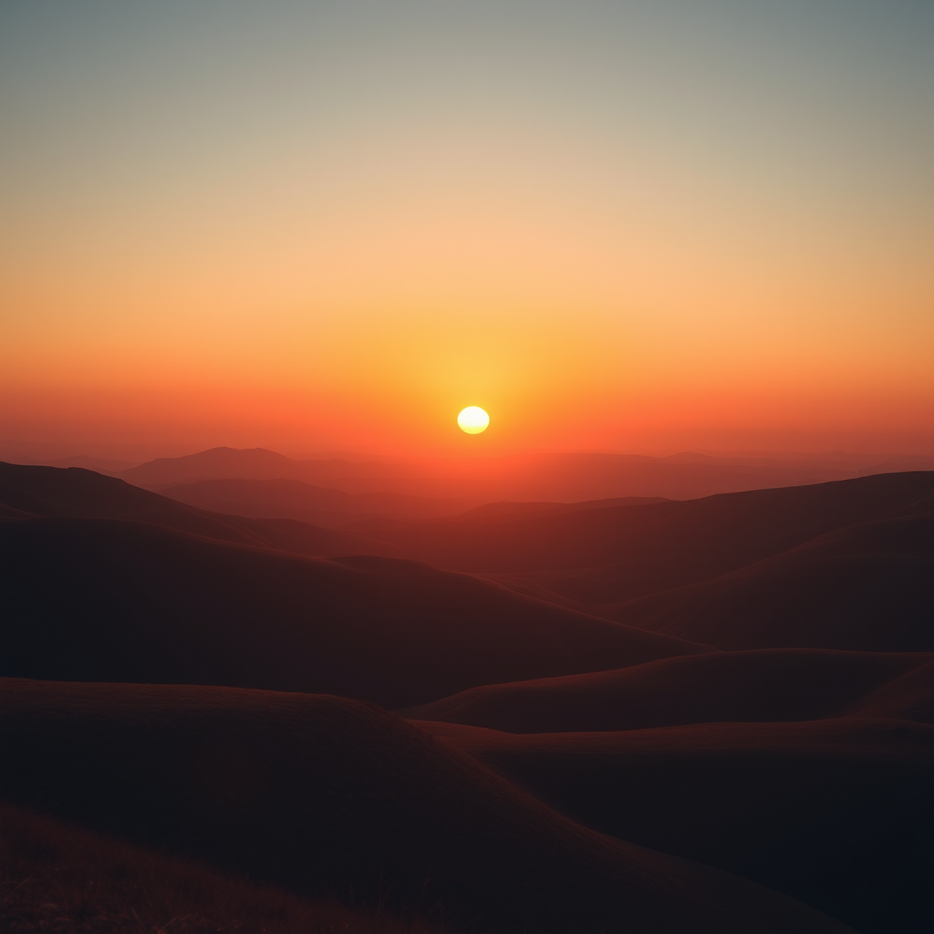 create a smooth gradient landscape at sunset with rounded hills and a large sun in warm earthy tones, shot with a Canon EOS R5 at f/8, 1/60s, ISO 200, wide-angle lens, top-down view, soft focus for a vintage aesthetic