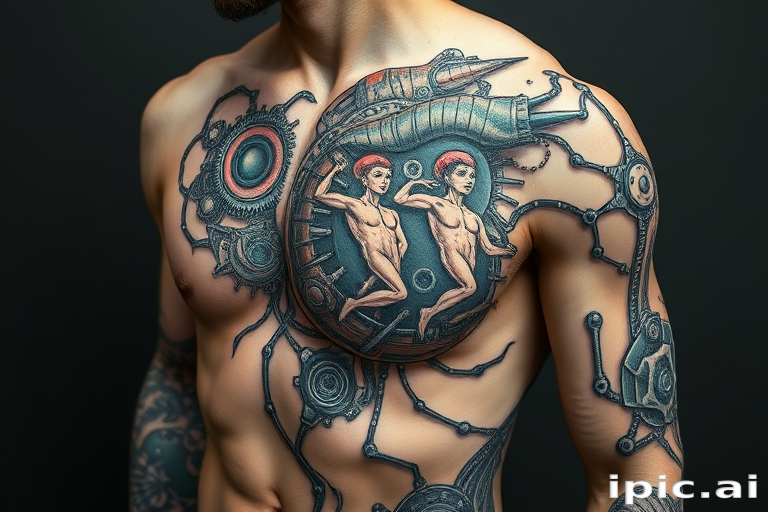 Biomechanical tattoo piece dubbed "Cybernetic Evolution" merging organic forms with mechanical components to create a hyper-realistic design that appears to reveal the inner workings beneath the skin