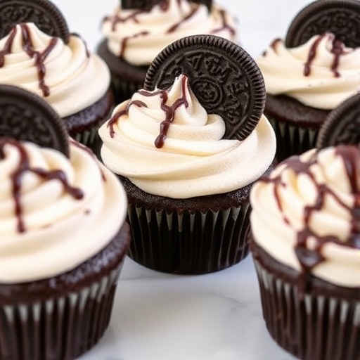 A close-up view of delicious chocolate cupcakes with fluffy cookies and cream frosting topped with an Oreo cookie and drizzled with chocolate sauce arranged on a white marble surface.