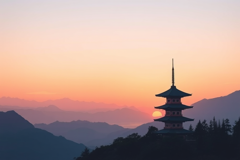 Create a serene landscape with mountains and a pagoda at sunset, using a wide-angle lens, f/8 aperture, ISO 100, 24mm focal length, soft pastel colors in the sky reflecting on water, smooth gradients, minimalistic style, digital illustration.