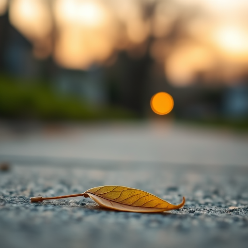 close-up of a single leaf resting on a concrete path during sunset, shallow depth of field, aperture f/2.8, ISO 100, 50mm lens, natural light, DSLR camera, focus on leaf texture with a blurred background