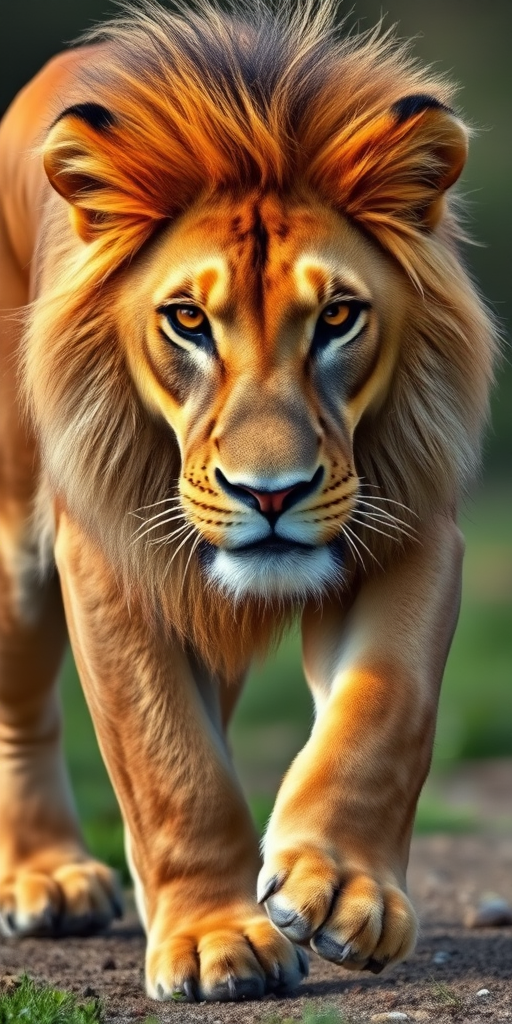 A realistic illustration of a lion walking, with detailed fur texture, vibrant colors, and a dynamic pose, captured with a DSLR camera at f/2.8, ISO 200, 50mm lens, natural lighting, shallow depth of field.