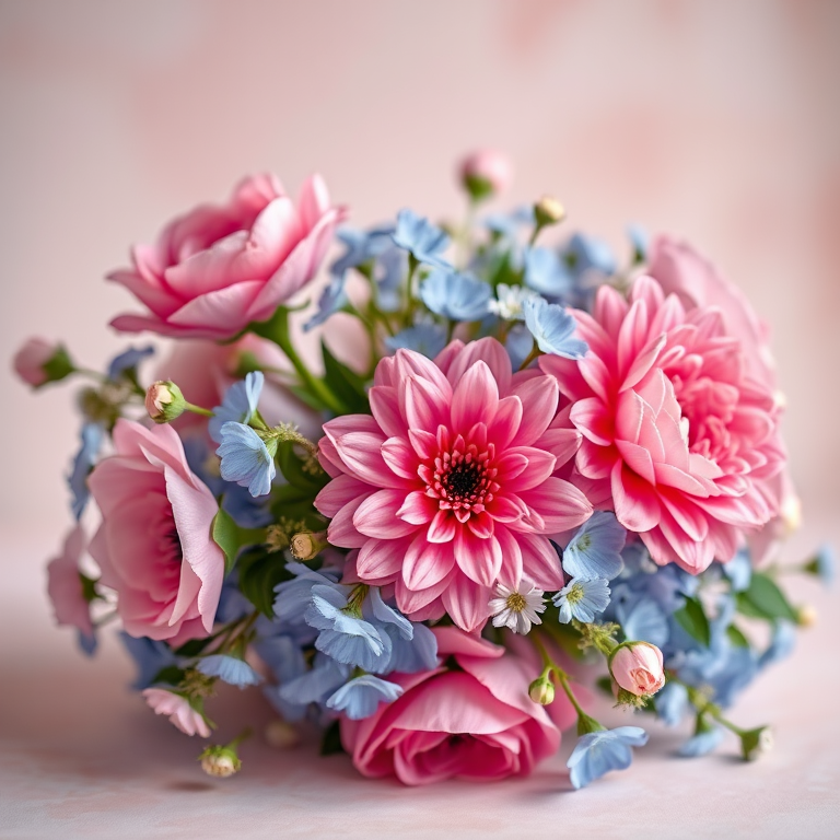 floral arrangement with pink and blue flowers on a soft pastel background, shallow depth of field, f/2.8 aperture, 50mm lens, ISO 100, soft diffused lighting, shot with a DSLR camera
