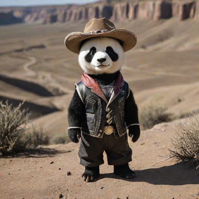 The image is a high-resolution photograph of a charming panda named Huahua, depicted standing in a rugged, dusty landscape reminiscent of the American Wild West. Huahua has her distinctive black and white fur, and she is dressed in classic cowboy attire, complete with a wide-brimmed hat, leather vest, bandana, and sturdy boots. The outfit is detailed with fringe and decorative stitching, giving Huahua an authentic Western look.