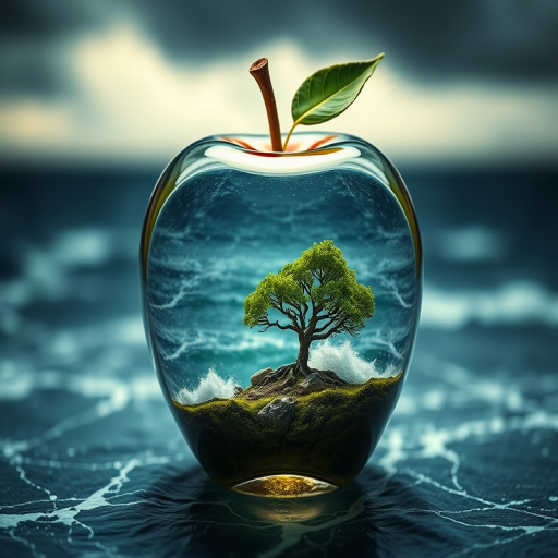 Generate an image of a clear glass apple containing a miniature landscape with a tree on a stormy ocean, using a DSLR camera with a 50mm lens at f/1.8, ISO 100, and a shutter speed of 1/200s, in a soft focus style with dramatic lighting and a high dynamic range.