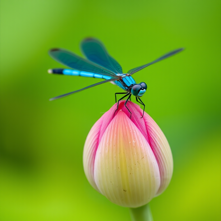 macro shot of a blue dragonfly perched on a lotus bud with a soft green blurred background, aperture f/2.8, shutter speed 1/200s, ISO 100, close-up lens with a DSLR camera, natural light, 50mm macro lens