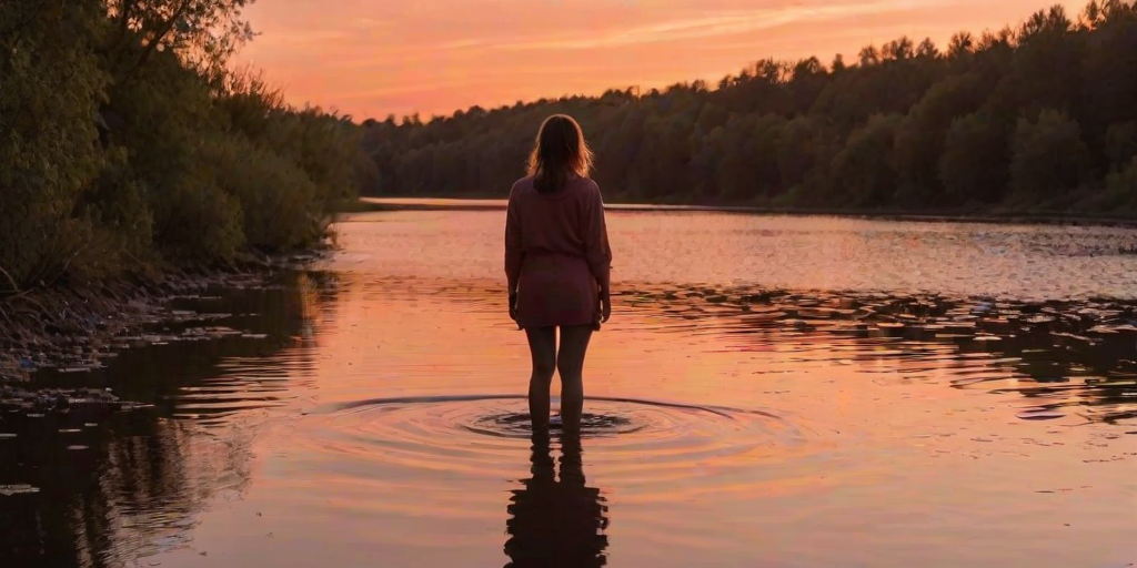 Sunset over a quiet river, the sky ablaze with hues of orange and pink, a woman stands at the water's edge, her reflection rippling in the current as she watches the last rays of light fade away.