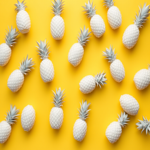Create a pattern of small white pineapples on a soft yellow background with a DSLR camera, f/4 aperture, 50mm lens, ISO 100, and overhead flat lay view to enhance image quality.