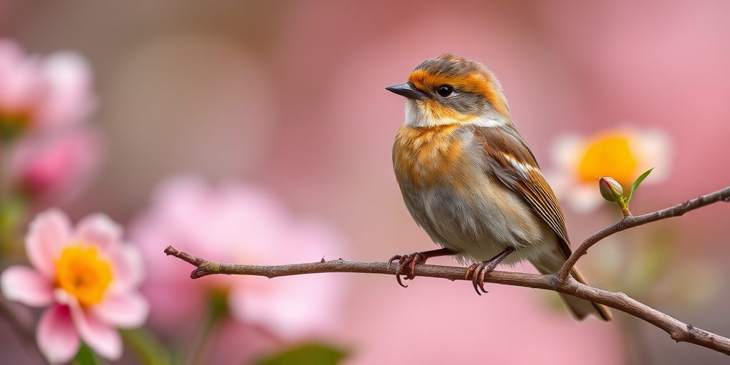 high-quality close-up of a bird perched on a branch with a blurred floral background, aperture f/2.8, shutter speed 1/200s, ISO 400, macro lens, natural light, DSLR camera