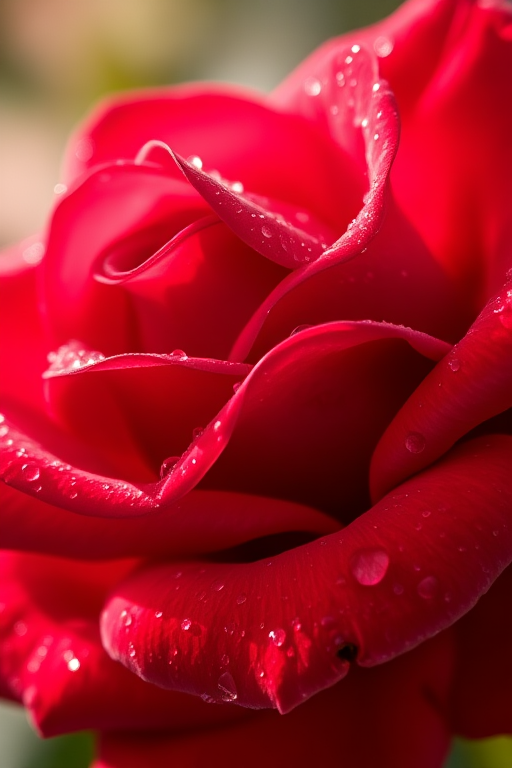 macro shot of a vibrant red rose with dewdrops on the petals, shallow depth of field, soft bokeh background, natural sunlight, aperture f/2.8, ISO 100, shutter speed 1/200s, DSLR camera, 85mm lens