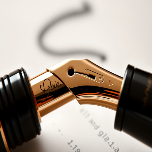 Create a high-resolution digital illustration of a fountain pen with intricate details on the nib and a flowing ink line, use a Canon EOS R5, 50mm lens, f/1.8 aperture, ISO 100, soft lighting to enhance the glossy finish of the pen and the richness of the ink.