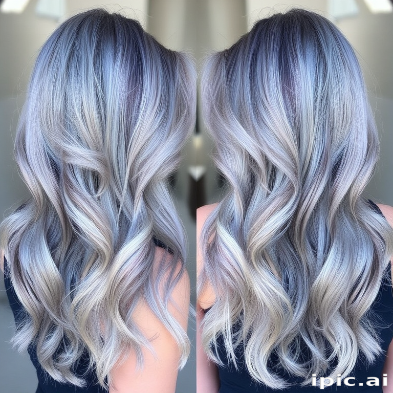 Mesmerizing silver-gray locks in the "Moonlight Sonata" style, long layered cut with feathered ends, subtle blue-tinted highlights throughout, soft romantic waves flowing down back, side-swept bangs blending seamlessly
