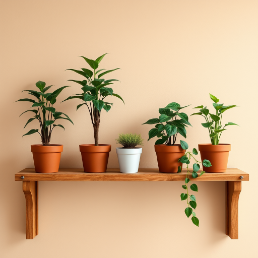 Regenerate an image of four potted plants on a wooden shelf against a beige background, using a Canon EOS R5 camera with an 85mm lens, f/2.8 aperture, ISO 100, and soft focus to enhance the color vibrancy and detail of the plants.